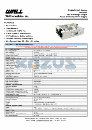 PSAQF150E-3.3S datasheet - Enclosed 150 Watt Single Output AC/DC Switching Power Supply