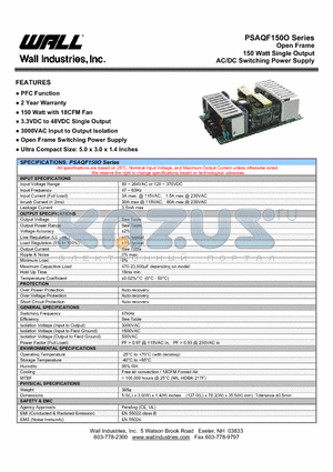 PSAQF150O-24S datasheet - Open Frame 150 Watt Single Output AC/DC Switching Power Supply