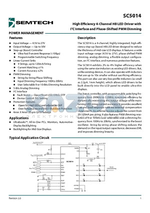 SC5014MLTRT datasheet - High Efficiency 4-Channel HB LED Driver with I2C Interface and Phase-Shifted PWM Dimming