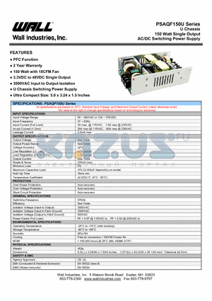 PSAQF150U-3.3S datasheet - U Chassis 150 Watt Single Output AC/DC Switching Power Supply