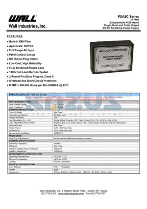 PSASC-5S12S datasheet - 30 Watt Encapsulated PCB Mount Single, Dual, and Triple Output AC/DC Switching Power Supply