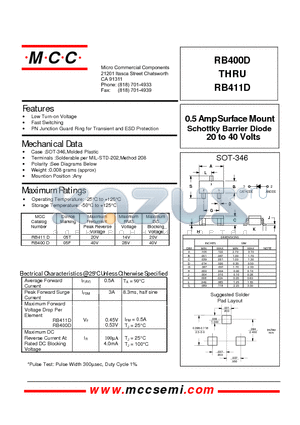 RB411D datasheet - 20 to 40 Volts 0.5 Amp Surface Mount Schottky Barrier Diode