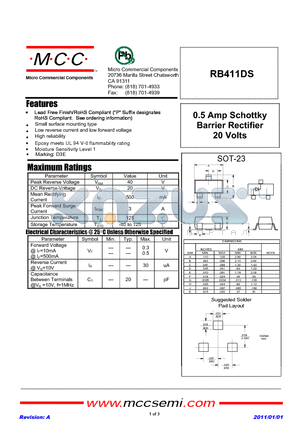 RB411DS datasheet - 0.5 Amp Schottky Barrier Rectifier 20 Volts