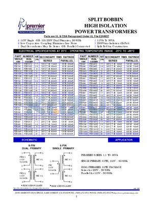 PSB-1012 datasheet - SPLIT BOBBIN HIGH ISOLATION POWER TRANSFORMERS