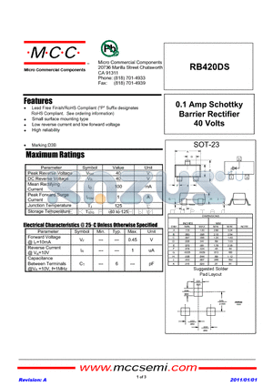 RB420DS datasheet - 0.1 Amp Schottky Barrier Rectifier 40 Volts