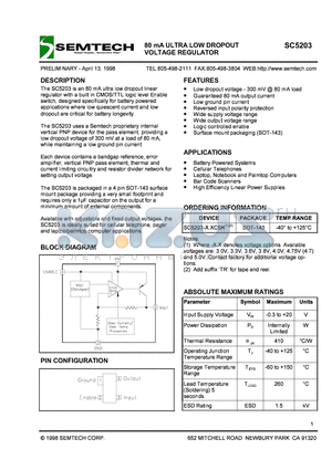 SC5203 datasheet - 80mA ULTRA LOW DROPOUT VOLTAGE REGULATOR