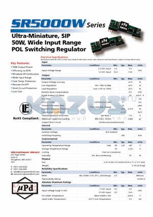 SR5003W-06 datasheet - Ultra-Miniature, SIP 50W, Wide Input Range POL Switching Regulator