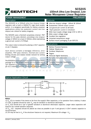 SC5205-2.5CSKTR datasheet - 150mA Ultra Low Dropout, Low Noise Micropower Linear Regulator