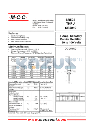 SR5010 datasheet - 5 Amp Schottky Barrier Rectifier 50 to 100 Volts