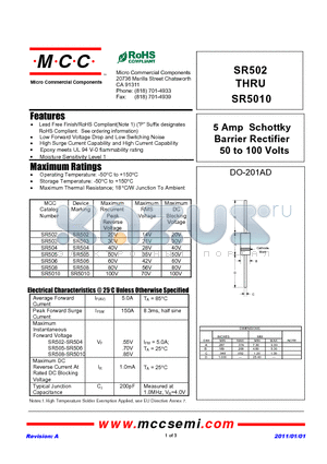 SR5010 datasheet - 5 Amp Schottky Barrier Rectifier 50 to 100 Volts