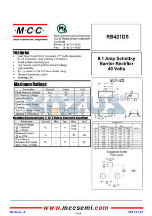 RB421DS datasheet - 0.1 Amp Schottky Barrier Rectifier 40 Volts