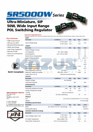 SR5012W-06 datasheet - Ultra-Miniature, SIP 50W, Wide Input Range POL Switching Regulator