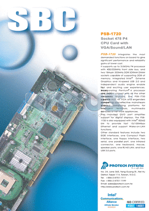 PSB-1720 datasheet - Socket 478 Pentium 4 CPU Card with VGA/Sound/LAN