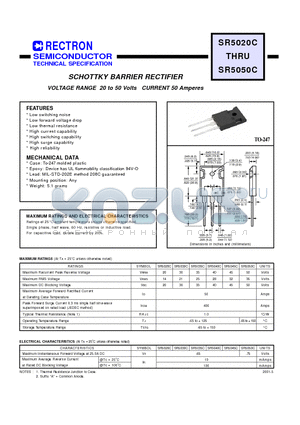 SR5020C datasheet - SCHOTTKY BARRIER RECTIFIER (VOLTAGE RANGE 20 to 50 Volts CURRENT 50 Amperes)