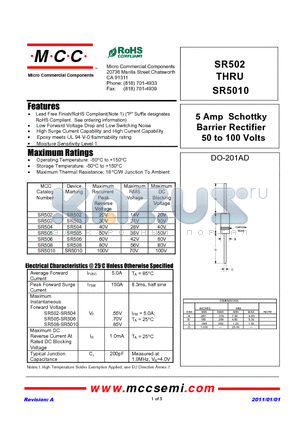 SR502_11 datasheet - 5 Amp Schottky Barrier Rectifier 50 to 100 Volts