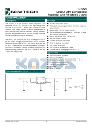 SC553 datasheet - 150mA Ultra Low Dropout Regulator with Adjustable Output