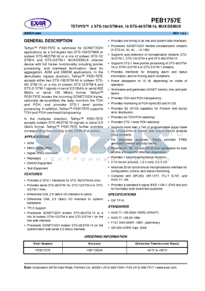 PEB1757E datasheet - TETHYS 2 STS-192/STM-64, 16 STS-48/STM-16, MUX/DEMUX