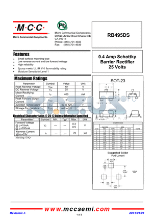 RB495DS datasheet - 0.4 Amp Schottky Barrier Rectifier 25 Volts