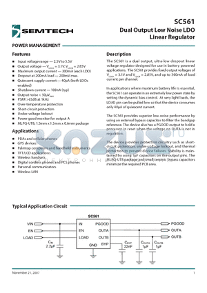 SC561 datasheet - Dual Output Low Noise LDO Linear Regulator