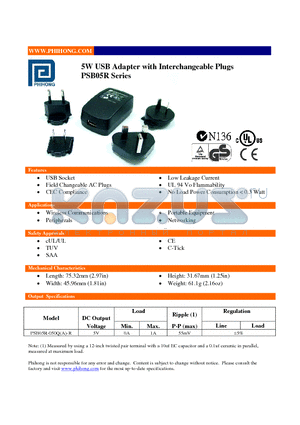 PSB05R-050Q datasheet - 5W USB Adapter with Interchangeable Plugs