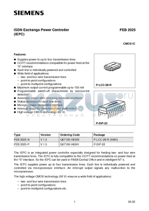 PEB2025 datasheet - ISDN Exchange Power Controller
