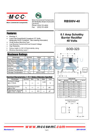 RB500V-40 datasheet - 0.1 Amp Schottky Barrier Rectifier 40 Volts