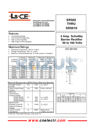 SR508 datasheet - 5Amp schottky barrier rectifier 50to100 volts