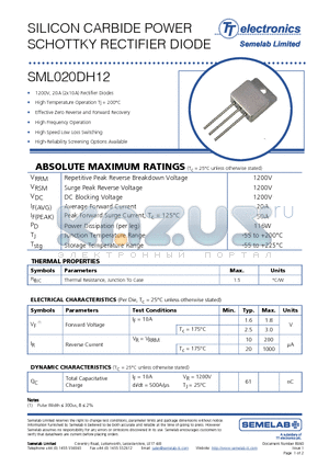 SML020DH12 datasheet - SILICON CARBIDE POWER SCHOTTKY RECTIFIER DIODE