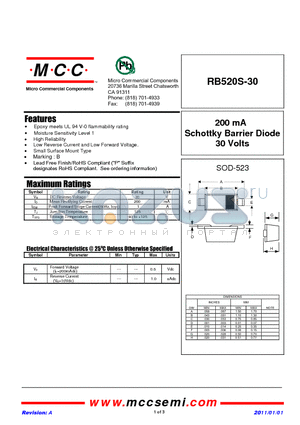 RB520S-30 datasheet - 200 mA Schottky Barrier Diode 30 Volts