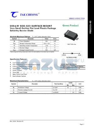 RB520S-40 datasheet - 200mW SOD-523 SURFACE MOUNT Very Small Outline Flat Lead Plastic Package Schottky Barrier Diode