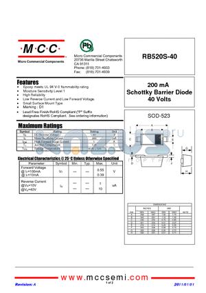 RB520S-40 datasheet - 200 mA Schottky Barrier Diode 40 Volts