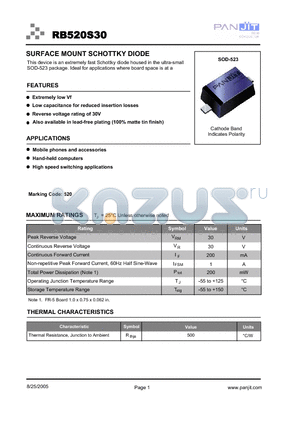 RB520S30 datasheet - SURFACE MOUNT SCHOTTKY DIODE