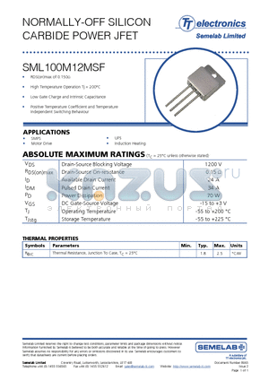 SML100M12MSF datasheet - NORMALLY-OFF SILICON CARBIDE POWER JFET