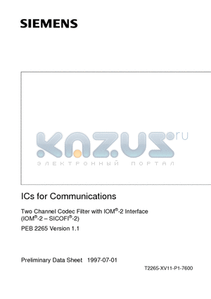 PEB2265HV1.1 datasheet - Two Channel Codec Filter with IOM^-2 Interface (IOM^-2 - SICOFI^-2)