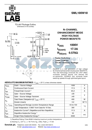 SML100W18 datasheet - N-CHANNEL ENHANCEMENT MODE HIGH VOLTAGE POWER MOSFETS
