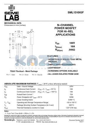 SML1310IGF datasheet - NCHANNEL POWER MOSFET FOR HIREL APPLICATIONS