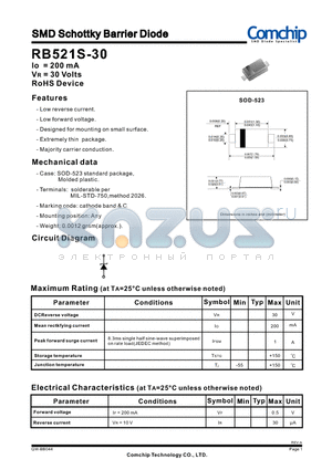 RB521S-30 datasheet - SMD Schottky Barrier Diode