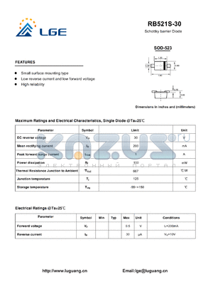 RB521S-30 datasheet - Schottky barrier Diode