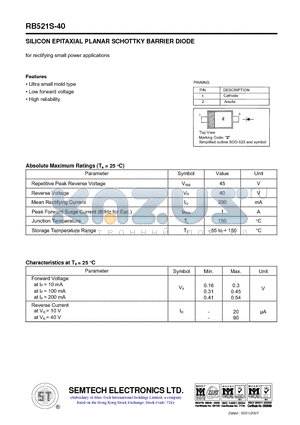 RB521S-40 datasheet - SILICON EPITAXIAL PLANAR SCHOTTKY BARRIER DIODE