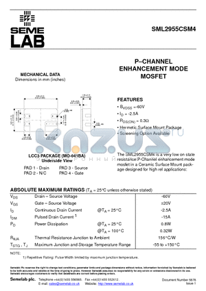 SML2955CSM4 datasheet - P-CHANNEL ENHANCEMENT MODE MOSFET