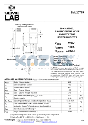 SML20T75 datasheet - N-CHANNEL ENHANCEMENT MODE HIGH VOLTAGE POWER MOSFETS