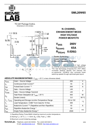 SML20W65 datasheet - N-CHANNEL ENHANCEMENT MODE HIGH VOLTAGE POWER MOSFETS