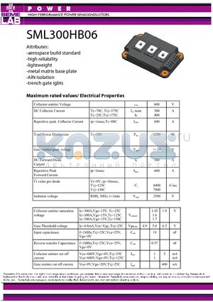 SML300HB06 datasheet - HIGH PERFORMANCE POWER SEMICONDUCTORS