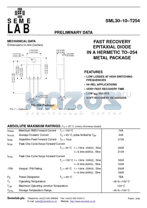 SML3010T254 datasheet - FAST RECOVERY EPITAXIAL DIODE IN A HERMETIC TO-254 METAL PACKAGE