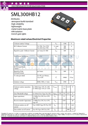 SML300HB12 datasheet - HIGH PERFORMANCE POWER SEMICONDUCTORS