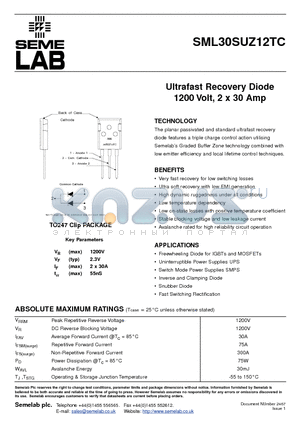 SML30SUZ12TC datasheet - Ultrafast Recovery Diode 1200 Volt, 2 x 30 Amp