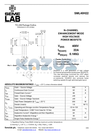 SML40H22 datasheet - N-CHANNEL ENHANCEMENT MODE HIGH VOLTAGE POWER MOSFETS