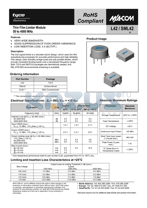 SML42 datasheet - Thin Film Limiter Module 50 to 4000 MHz