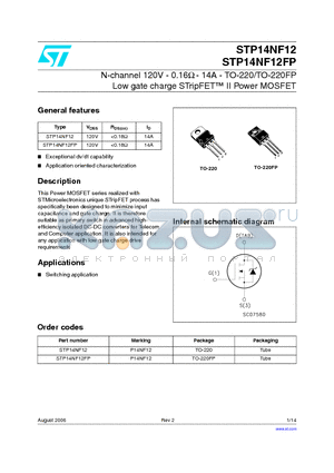 P14NF12 datasheet - N-channel 120V - 0.16OHM - 14A - TO-220/TO-220FP Low gate charge STripFET TM II Power MOSFET