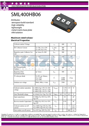 SML400HB06 datasheet - HIGH PERFORMANCE POWER SEMICONDUCTORS